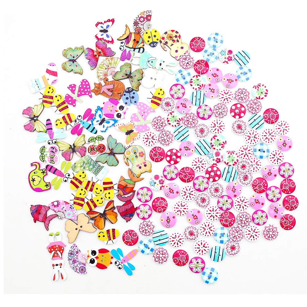 150 pcs Mixed Wooden Buttons, Cartoon Wood Buttons and Round Painting Buttons for Crafting,Sewing,Scrapbooking and DIY Decoration
