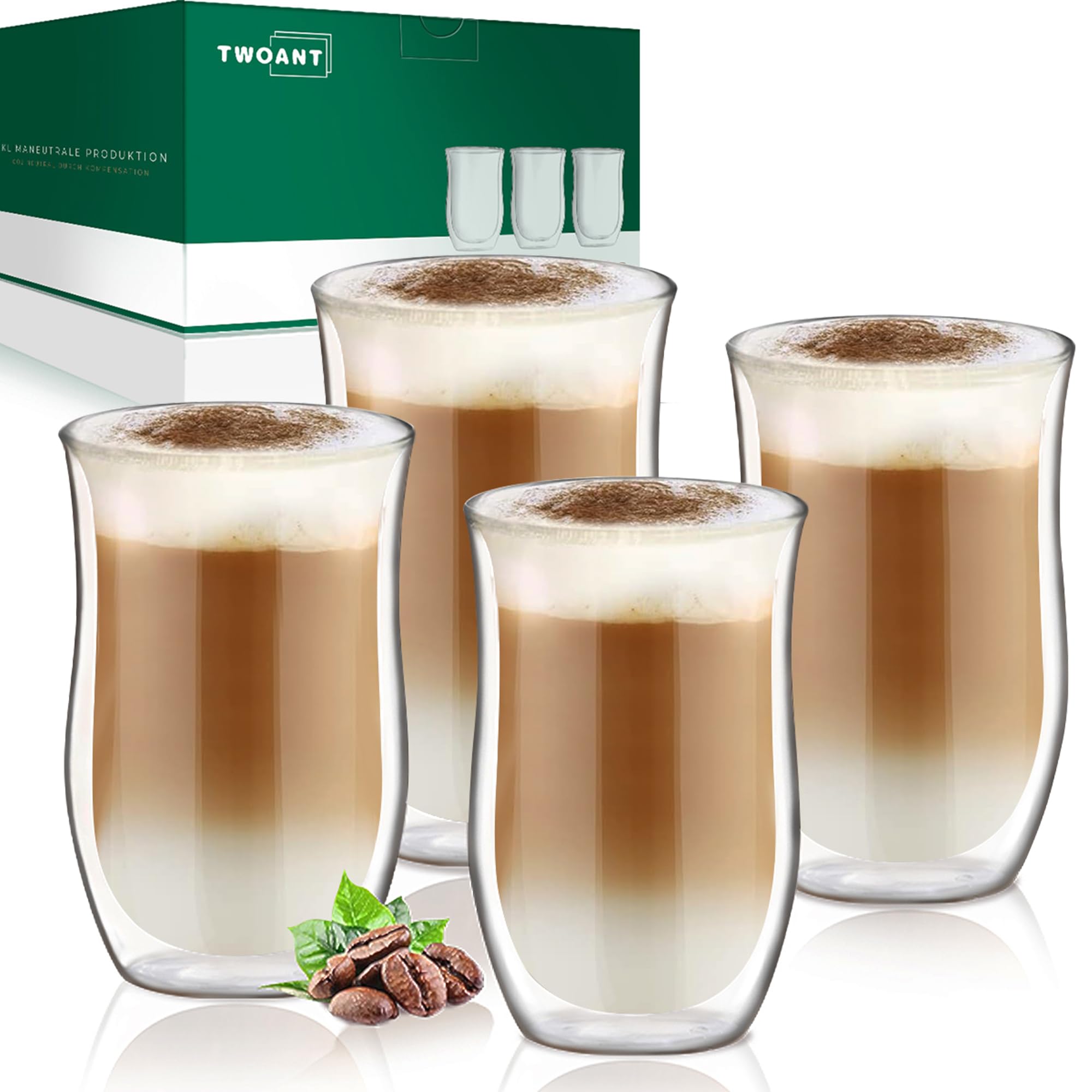 twoant Double Walled Coffee Glasses Mugs 350ML Set of 4 Cappuccino Latte Macchiato Glass Cups for Coffee Tea Milk Juice Ice Cream Borosilicate Heat Resistant Glass Cup