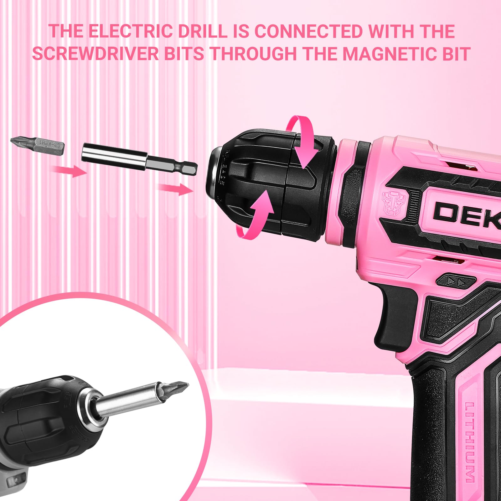 Cordless Drill：DEKOPRO 12V Power Drill Set with Pink 800RPM Electric Drills with Tool Set Gift Box, Pink Drill Set for Women