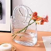 Fixwal Glass Purse Vase for Flowers, Clear Bag Vases with Handle, Unique Cute Handbag Shape Decorative Flower Vases with Fish