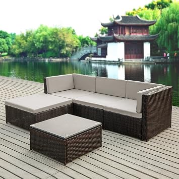 Ikayaa 5pcs Rattan Wicker Patio Sofa Set Garden Furniture W Cushions Outdoor Corner Sectional Couch Set Amazon In Home Kitchen