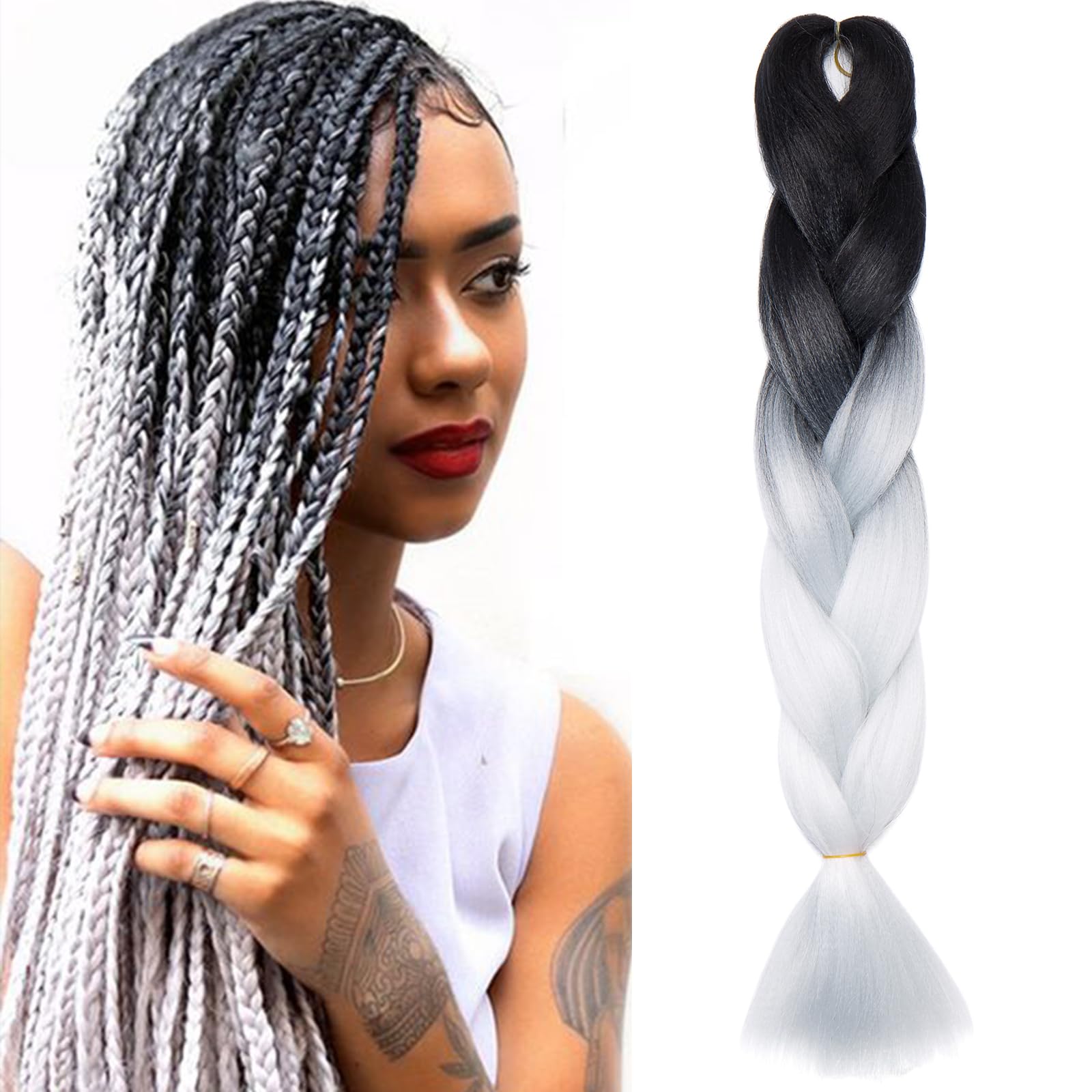 Silk-co Braids Extension Hair Ombre Jumbo Braiding Hair Extensions 24 inch [100g] Crochet Twist Synthetic [Black-White] — image 1
