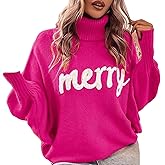 Muineobuka Women Merry Sweaters Turtleneck Long Sleeve Letter Embroidery Loose Knitted Pullover Merry Christmas Sweater