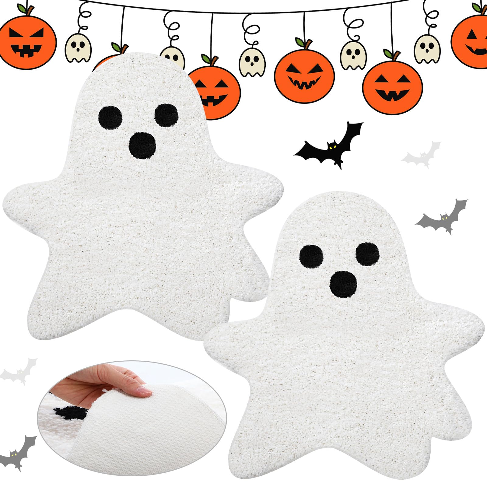 View 1 of WILLBOND 2 Pcs Halloween Bathroom Rugs Cute Ghost Bath Mat Non Slip Washable Halloween Boo Decor Mat Ghost Rug for Living Room Bedroom Kitchen Front Door, 19.7 x 17.7 Inch