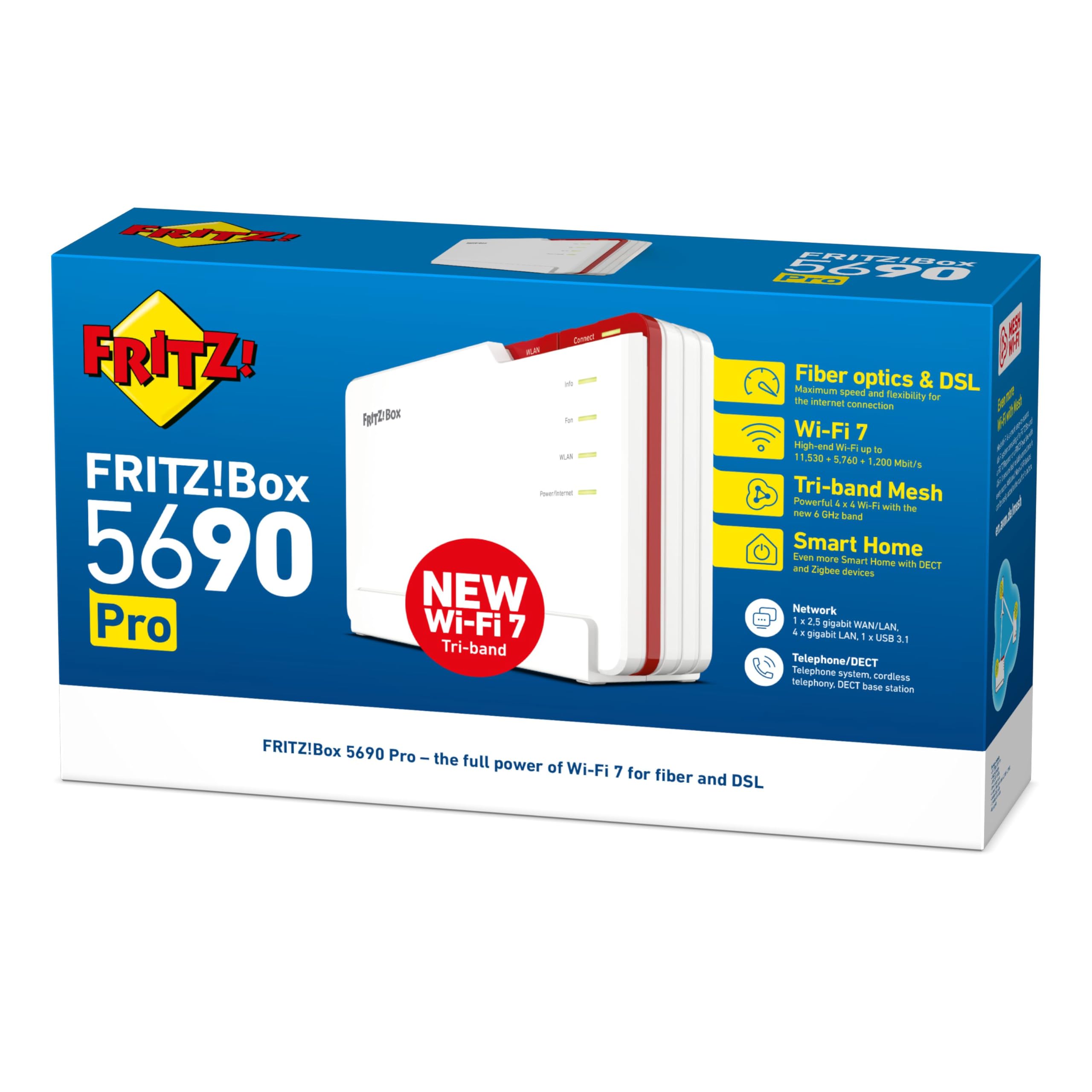 FRITZ!Box 5690 Pro (Wi-Fi 7 Premium DSL- und Glasfaser-Router mit Triband (2,4 GHz, 5 GHz, 6 GHz) bis zu 18,5 GBit/s, für Glasfaser & DSL-Anschlüsse, WLAN Mesh, DECT-Basis, internationale Version) 3