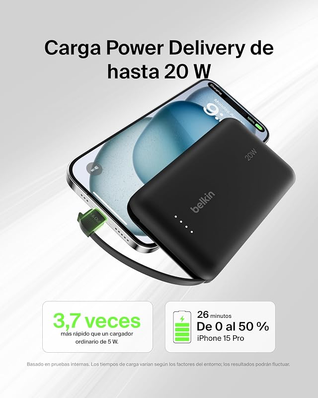 Bateria externa Belkin BoostCharge de 10.000 mAh, Power Bank portátil com cabo PD integrado (20 W), entrega de energia de carregamento rápido USB-C 10K, carregador móvel, preto