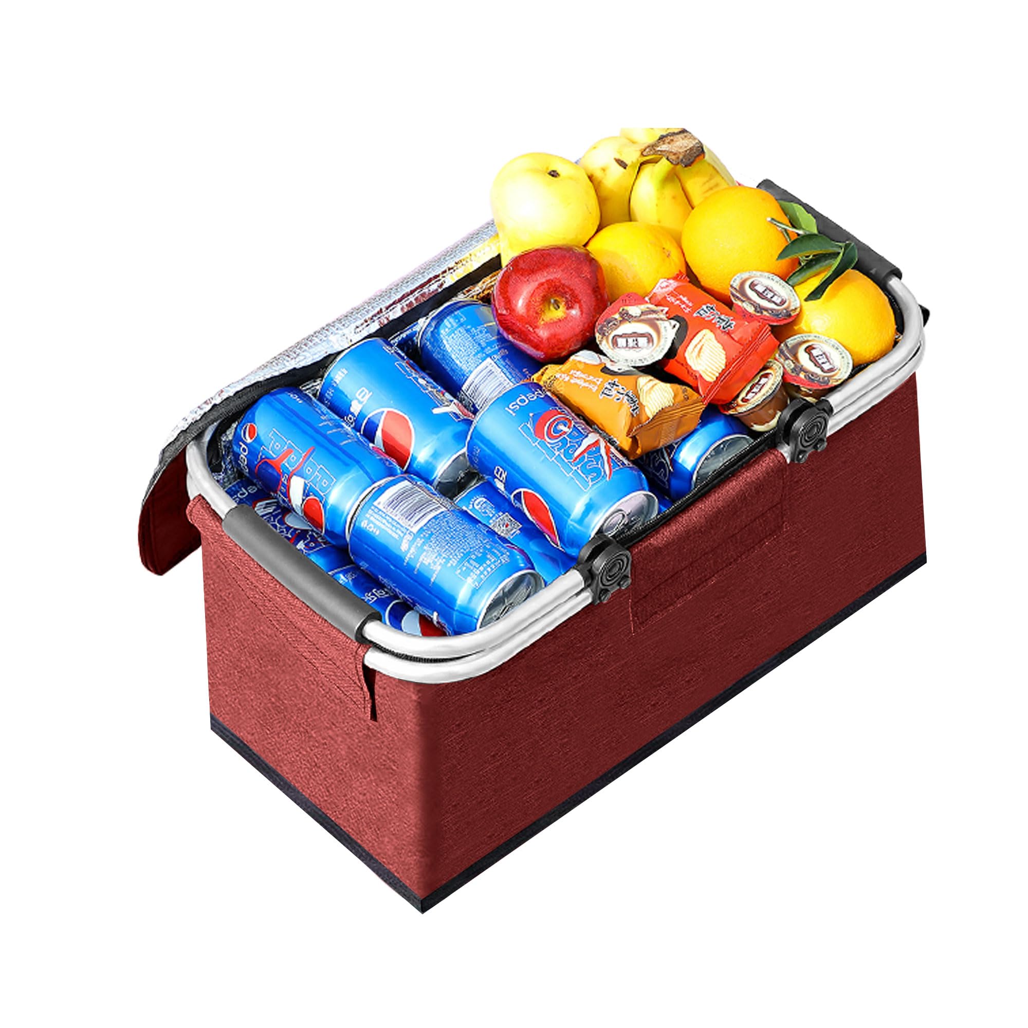 JXCTNNU Picnic Basket 25L Shopping Basket Folding Picnic Basket with Handle Lid Waterproof Cooler Bag Thermal Basket for Camping Trips Shopping Outdoor Activities (Red)