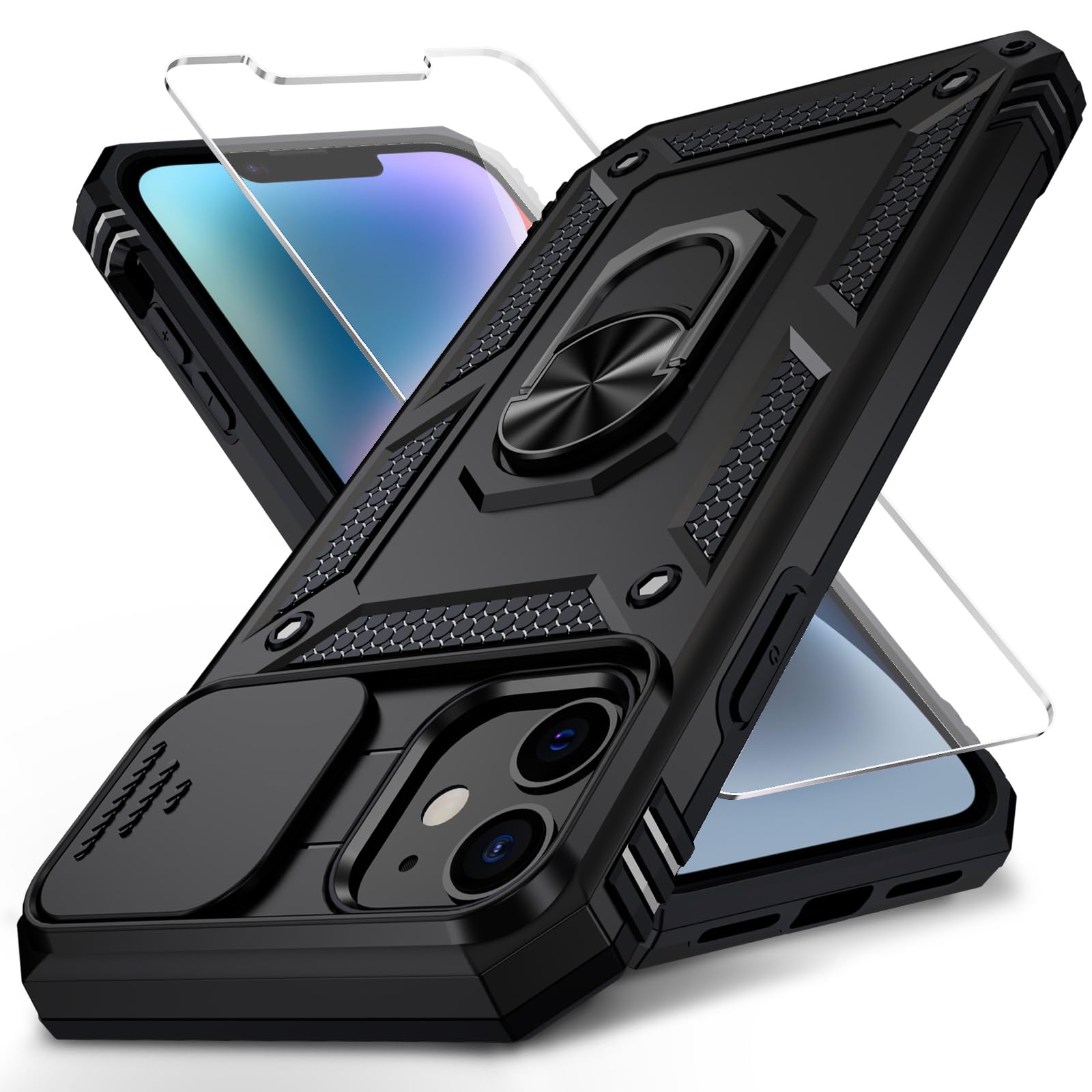 Weycolor for iPhone 12 / iPhone 12 Pro Case with Slide Camera Cover HD Screen Protector Heavy Duty Military Grade Shockproof Magnetic Ring Holder Kickstand Phone Case for iPhone 12/12 Pro,Black