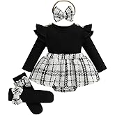 Awwpiely Newborn Baby Girl Holiday Outfit Long Sleeve Plaid Skirt Romper Dress Headband Socks Set Fashion Fall Winter Clothes
