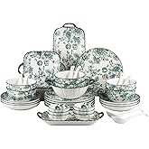FANGJING Ceramic Dinnerware Set, Series Kavara Ⅱ, (Green Rose) | 36 piece set (serving 6 people), Plates and Bowls Sets, Microwave &amp; Dishwasher Safe, Porcelain Dinnerware Set for Kitchen