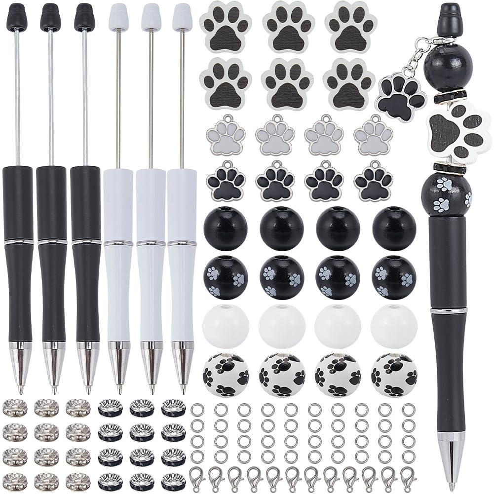 SUNNYCLUE DIY 12 Sets Beadable Pens Kit Cat Themed Beadable Pen Sets Plastic Ball Point Pen Dog Pow Print Charms Wooden Bead Rhinestone Spacer Beads for Teachers Students Nurses Gifts Office School