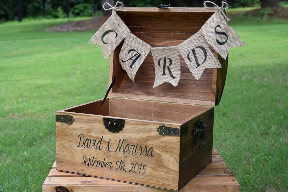 Personalized Wedding Card Box with Engraved Name and Date and Burlap