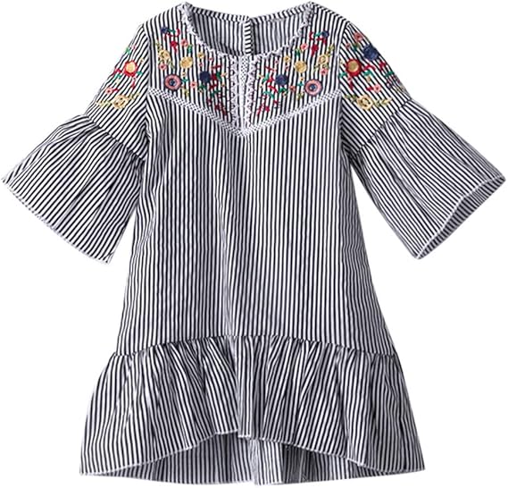 Amazon Glennoky ガールズ ワンピース 女の子 ドレス 子供服 キッズ服 子供 ワンピース キッズ ドレス 子供 スカート キッズ ドレス プリンセスドレス シャツワンピース フレアスカート 七五三 2 8歳 刺繍 ストライプ ミニドレス フォーマル 通販