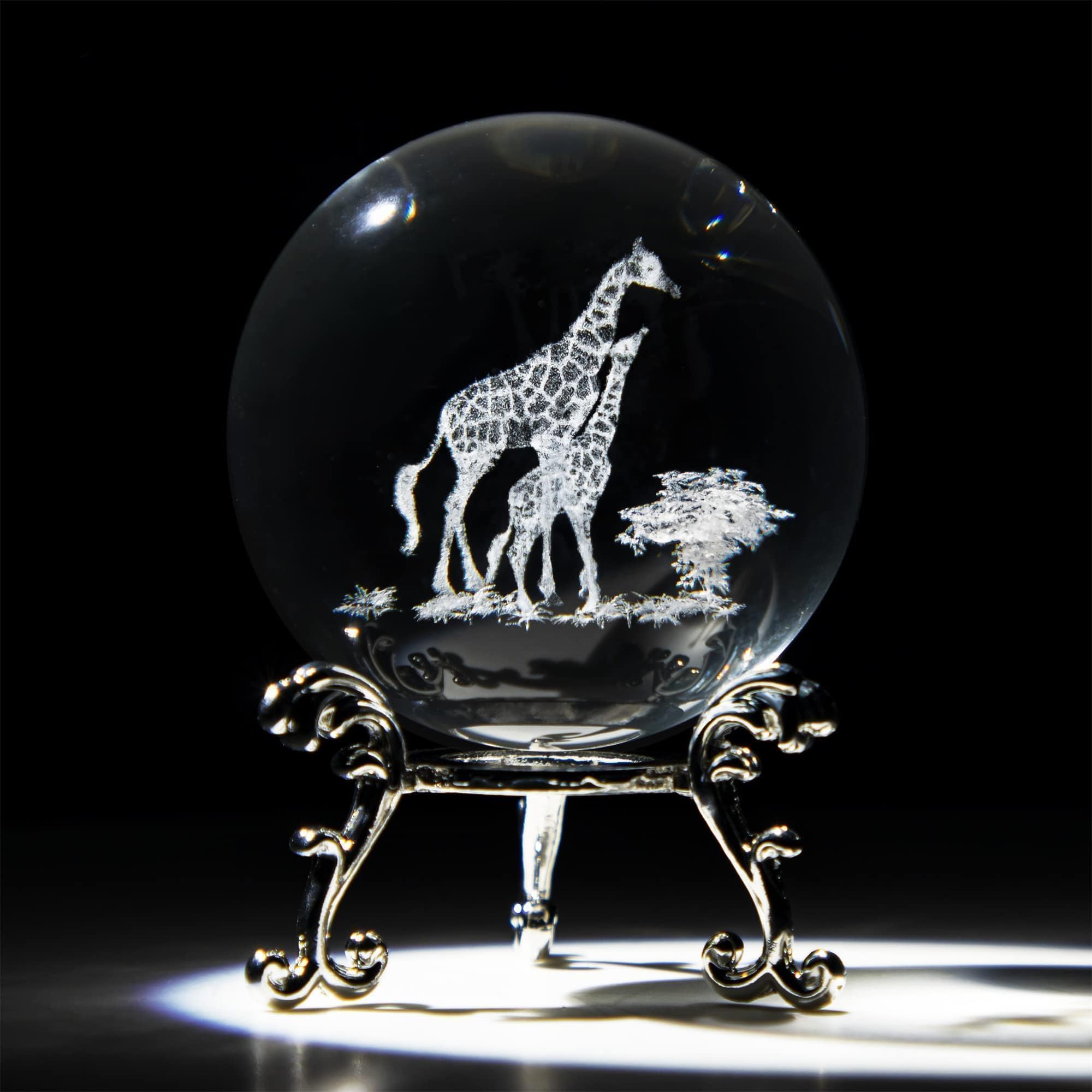 HDCRYSTALGIFTS 60mm 3D Giraffe Crystal Ball Figurine Gifts for Women Men Laser Engraved Mom Baby Giraffes Glass Crystal Ball with Stand Glass Giraffe Gifts Animal Glass Ball Ornaments Deco Gifts Lover