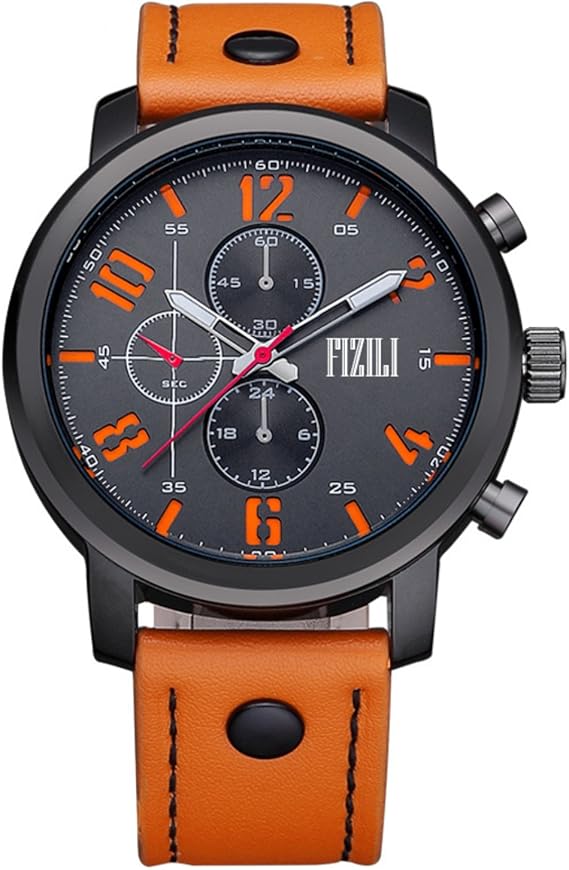 Men's Orange Band Analogue Sport Quartz Wrist Watch, Calfskin Leather, Matte Finish Back Amazon
