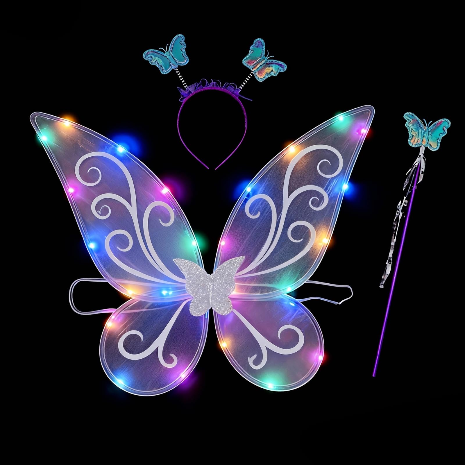 Purple Fairy Wings Kids Adult 60 x 40cm - 18 LED Light up Butterfly Wings Girls with Hairband and Wands - Easter Fairy Costume for Girls Boys Women (Purple)