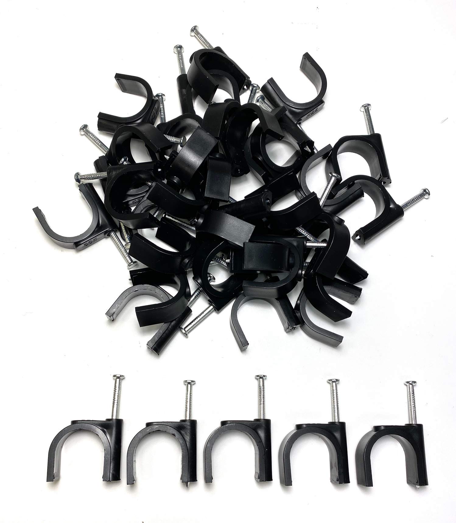 TR Cable® Pack of 50 Round Black Cable Clips with Strong Nails - Durable & Versatile - Ideal for Indoor/Outdoor Cable Management, 22mm