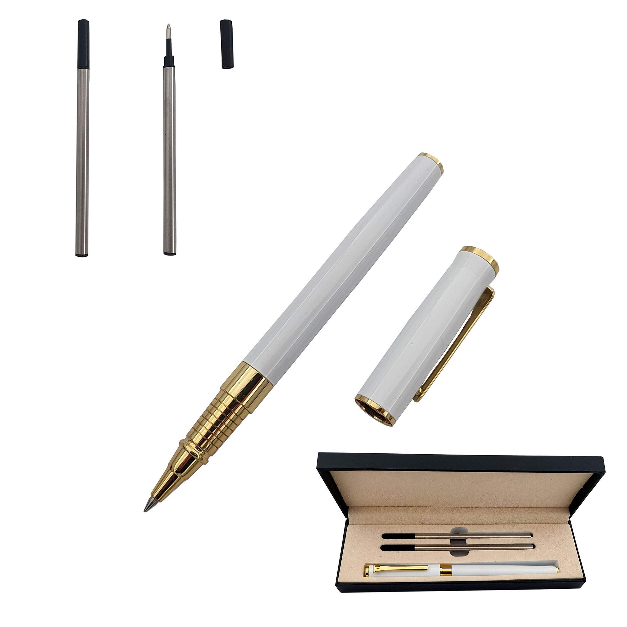 Accod Metal Rollerball Pen Signature Pen Office Ballpoint Pen with Two 0.5mm Black Refills Nice Gift for Family Friends and Colleagues (White)