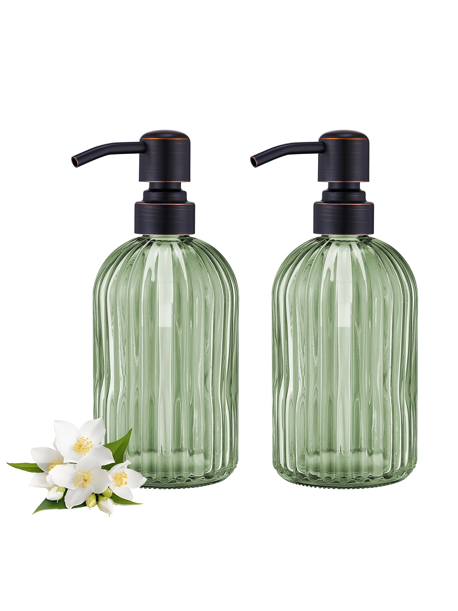 16Oz Green Glass Soap Dispenser with Rust Proof Bronze Stainless Steel Pump, Green Countertop Refillable Liquid Lotion Dispensers with Stainless Steel Pump, Oil Rubbed Bronze Soap Dispenser,2 Packs