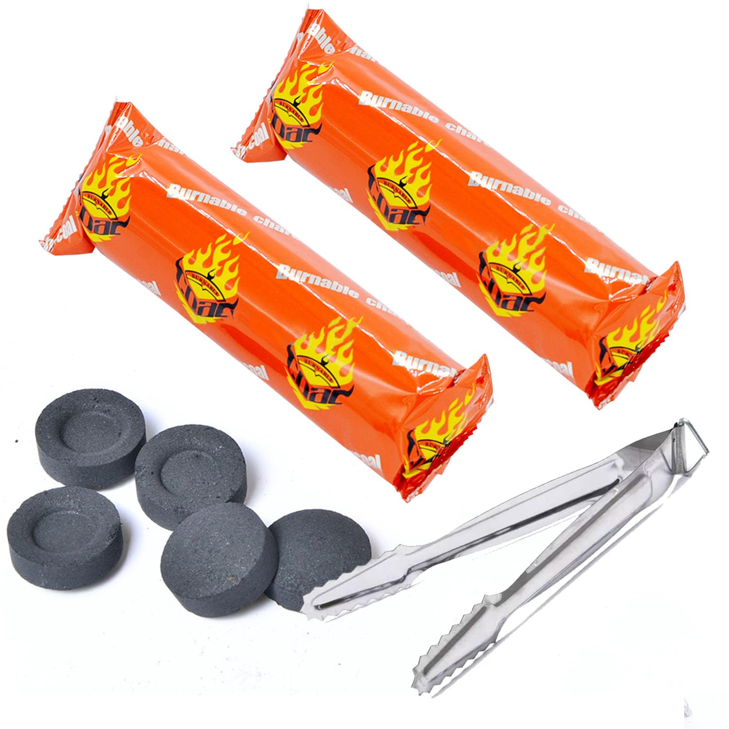 VOVCIG Charcoal Tablets Set Diameter 40 mm with Tongs Smoked Charcoal Quick Ignition Rolls 20 Pieces (2 Rolls)