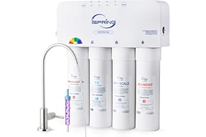 iSpring RO5004F-AK Alkaline Reverse Osmosis Water Filter with UV, 500 GPD, pH+, 2:1 Pure to Drain Tankless Remineralization RO System Under Sink with Boost Pump, Filter Life Monitor, Reduces PFAS, TDS