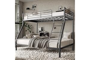 SDHYL Bunk Beds Twin Over Full Size, Heavy Duty Metal Bunk Bed Frame for Adults, Space-Saving & No Box Spring Needed, Black