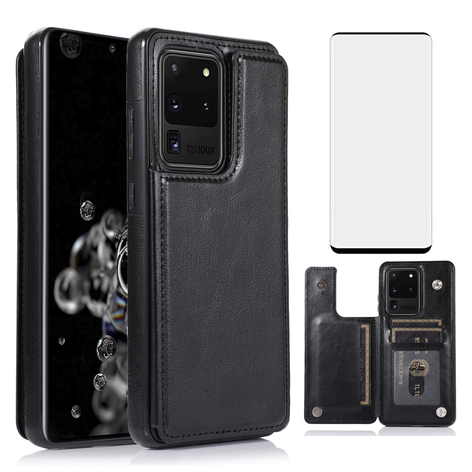 Asuwish Compatible with Samsung Galaxy S20 Ultra Glaxay S20ultra 5G Wallet Case Tempered Glass Screen Protector Card Holder Stand Leather Cell Cover Phone Cases for Gaxaly 20S S 20 20ultra G5 Black