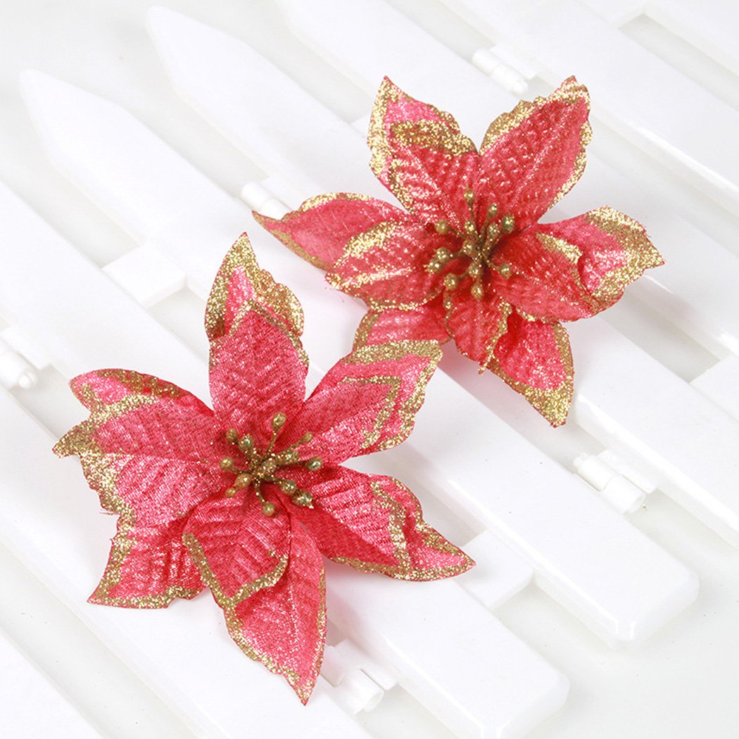 Outgeek Christmas Tree Ornament, 24Pcs 5.91\'\' Glitter Artificial Flowers Christmas Flowers for Wedding Party Christmas Decorations