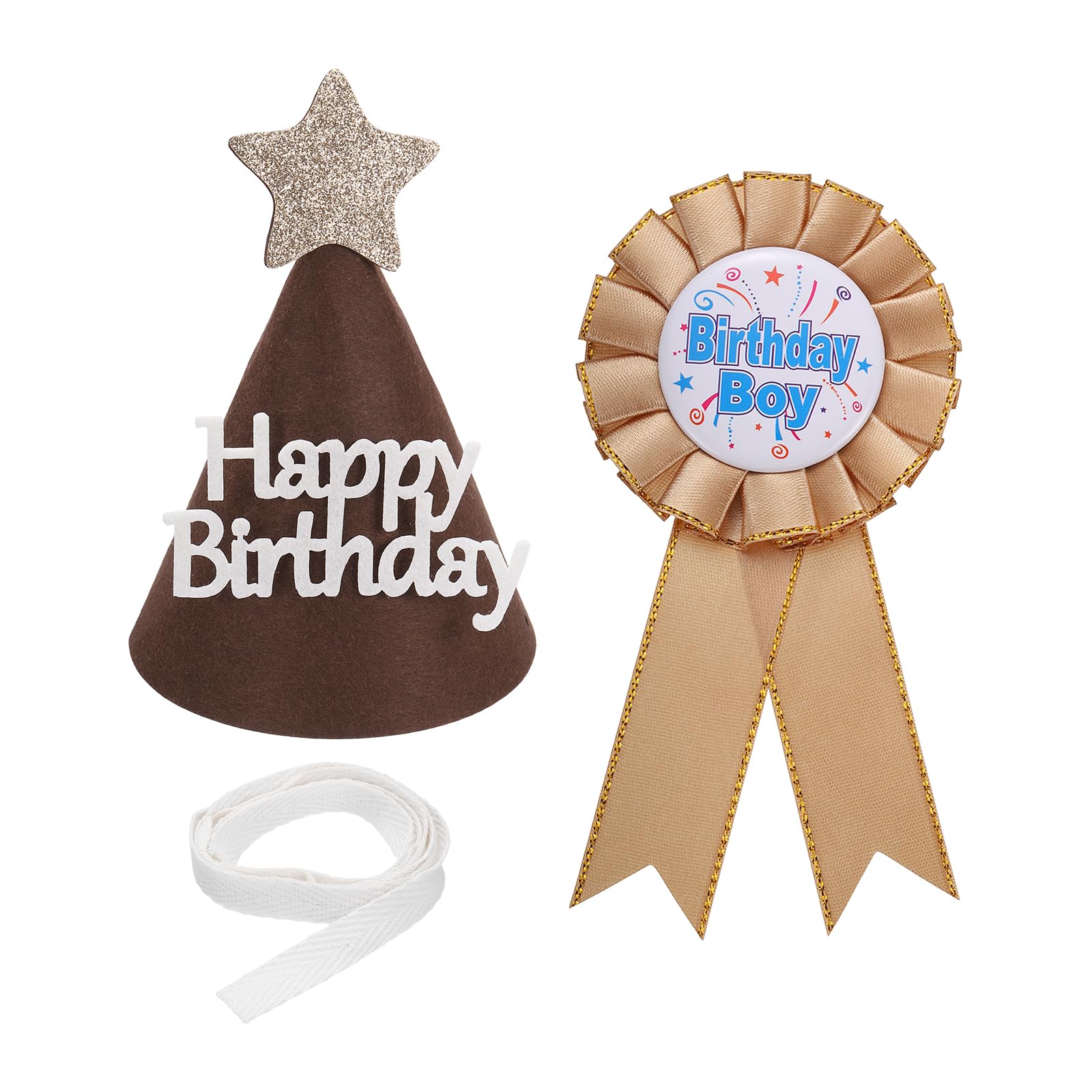 sourcing map Birthday Cone Party Set, Ribbon Brooch Pin & Felt Cone Hat for Theme Party Dress-Up Decoration Photo Props Birthdays Celebration, Light Gold/Brown