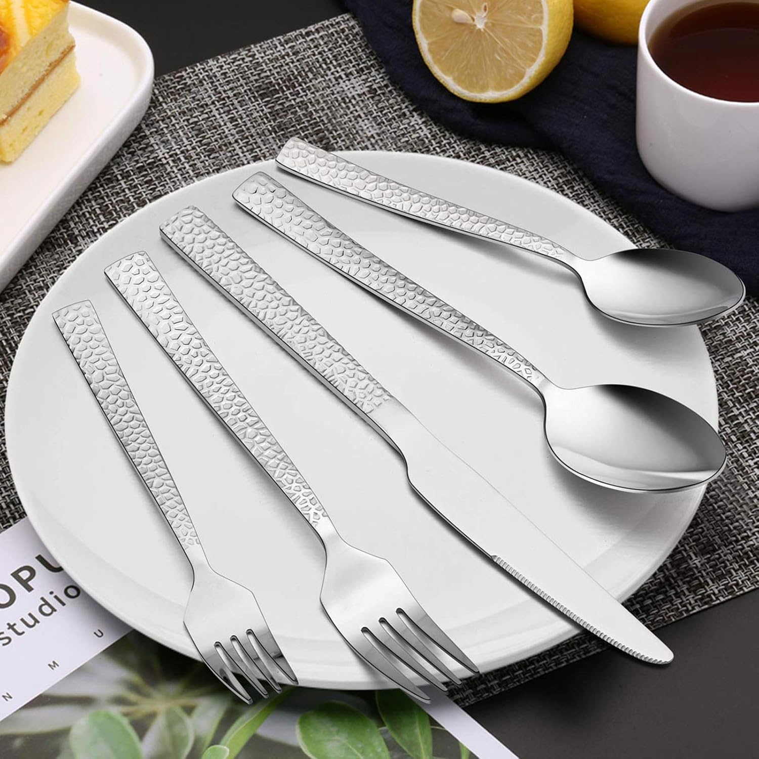  | Hammered Silverware Set, E-far 40-Piece Stainless Steel Square Flatware Set for 8, Metal Tableware Cutlery Set Includes Dinner Knives/Forks/Spoons, Modern Design & Mirror Polished - Dishwasher Safe: Flatware Sets