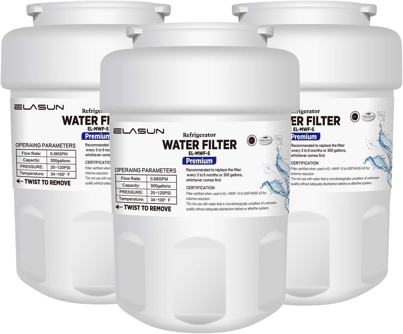 ELASUN Replacement GE MWF Refrigerator Water Filter, Compatible With EL-MWF-S MWF, MWFP, MWFA, GWF, GWFA,Kenmore 9991, 469991 Premium (3 Pack): Kitchen & Dining