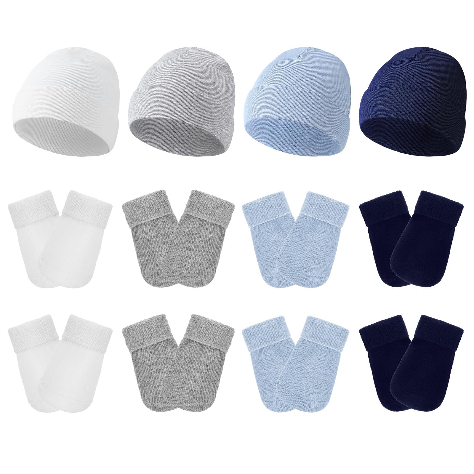 Photo 1 of Hercicy 4 Pack Preemie Hat and Mitten Socks Set Cotton Preemie Beanie No Scratch Baby Mitten Nicu Hospital Hat for Boy Girl(White, Light Gray, Light Blue, Dark Blue)