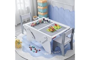 IFBUY 35" Wide Toddler Table and 2 Chairs Set with Storage Drawer, Kids Wooden Activity Desk for Ages 3-10, Compatible with Most Building Blocks, for Boys and Girls, Light Grey