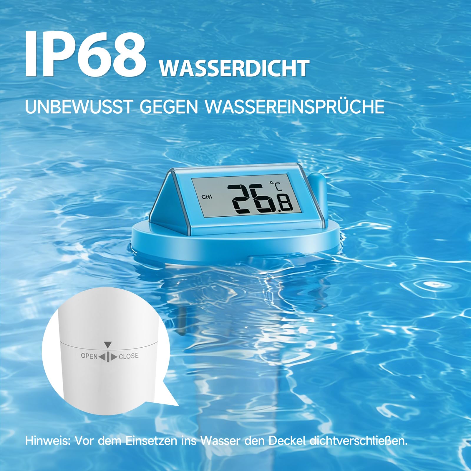 Warmfay Poolthermometer Funk Digital, Solar & Akku Betrieb, IP68 Wasserdicht Funkthermometer Schwimmend mit Empfänger bis 70 m Reichweite, Funk Pool Thermometer für Schwimmbad, Badewanne, Teich Spa 3