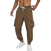 APTRO Mens Corduroy Pants Cargo Casual Trousers Baggy Tapered Elastic Waist Joggers with Drawstring and Zipper Pockets