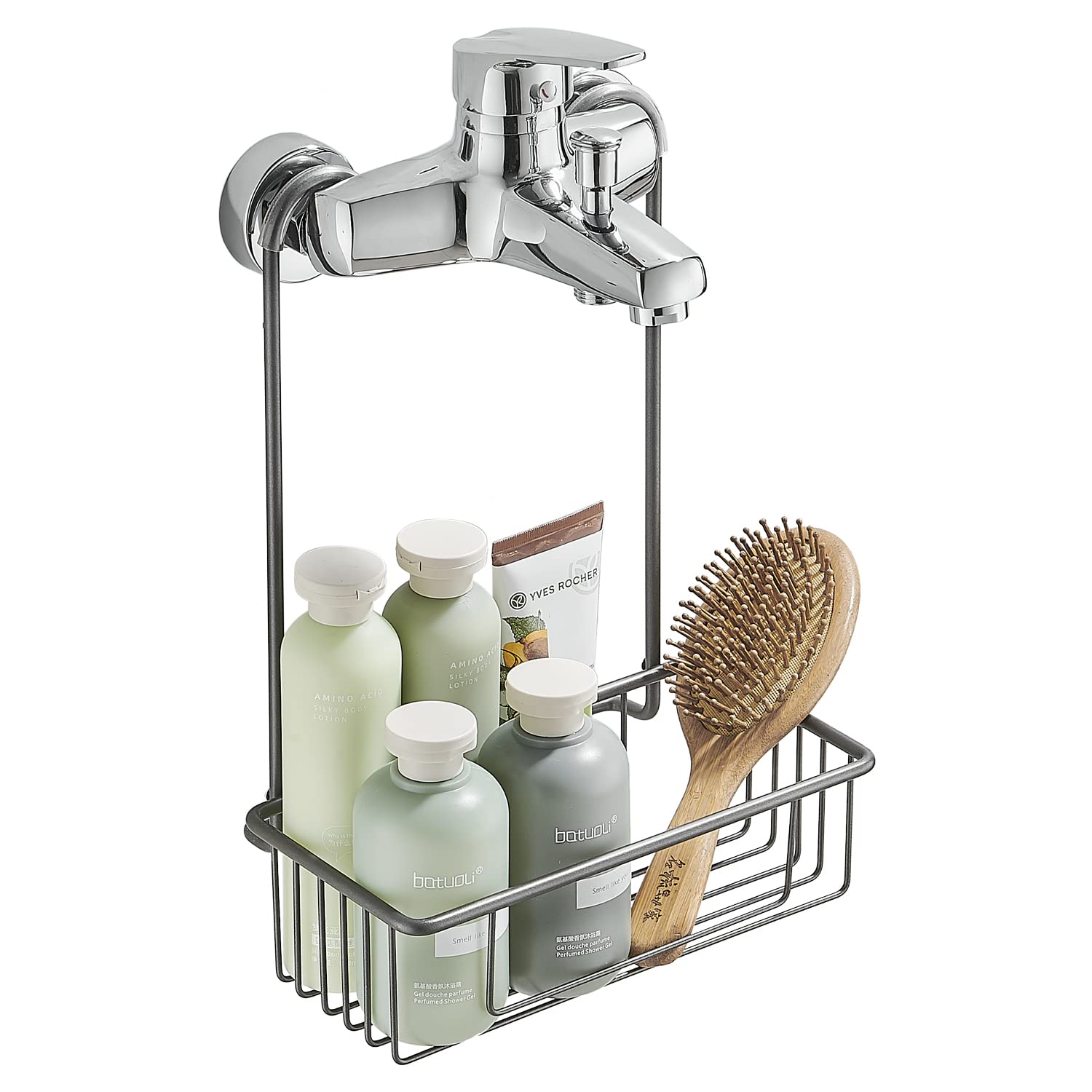Wopeite Hanging Shower Caddy, Stainless Steel Shower Basket Organizer, No Drilling Bath Shower Mixer Caddy, Bathroom Storage Shelf Over Shower Fitting, Grey (GL-01G)
