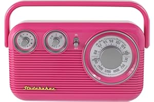 Studebaker Pink SB2003 Retro Portable AM FM Radio | Built in Speaker | AC Powered/Battery | Aux-in Cable (Bundle)