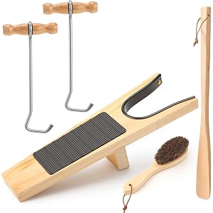 FoldTier 4 Pcs Wooden Boot Hooks Metal Boot Puller Set with Long Shoes Pull Shoe Brush Boots Accessories for Men and Women