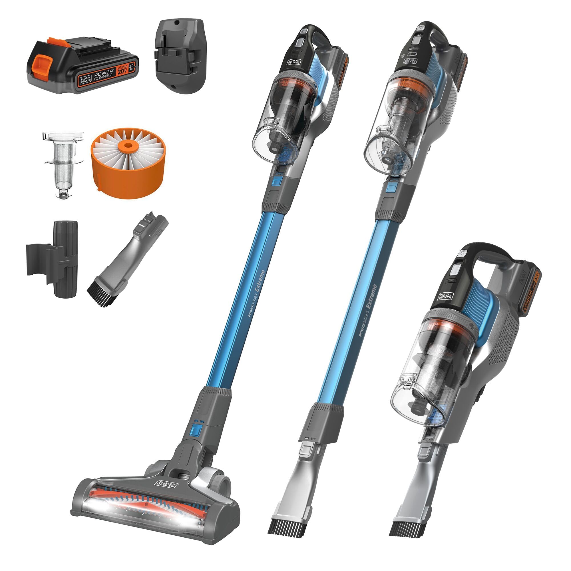 Aspiradora inalámbrica BLACK+DECKER, Powerseries Extreme, aspiradora inalámbrica recargable, cabezal de piso intercambiable con accesorio para grietas, control de 3 velocidades, liviano, azul (BSV2020G)