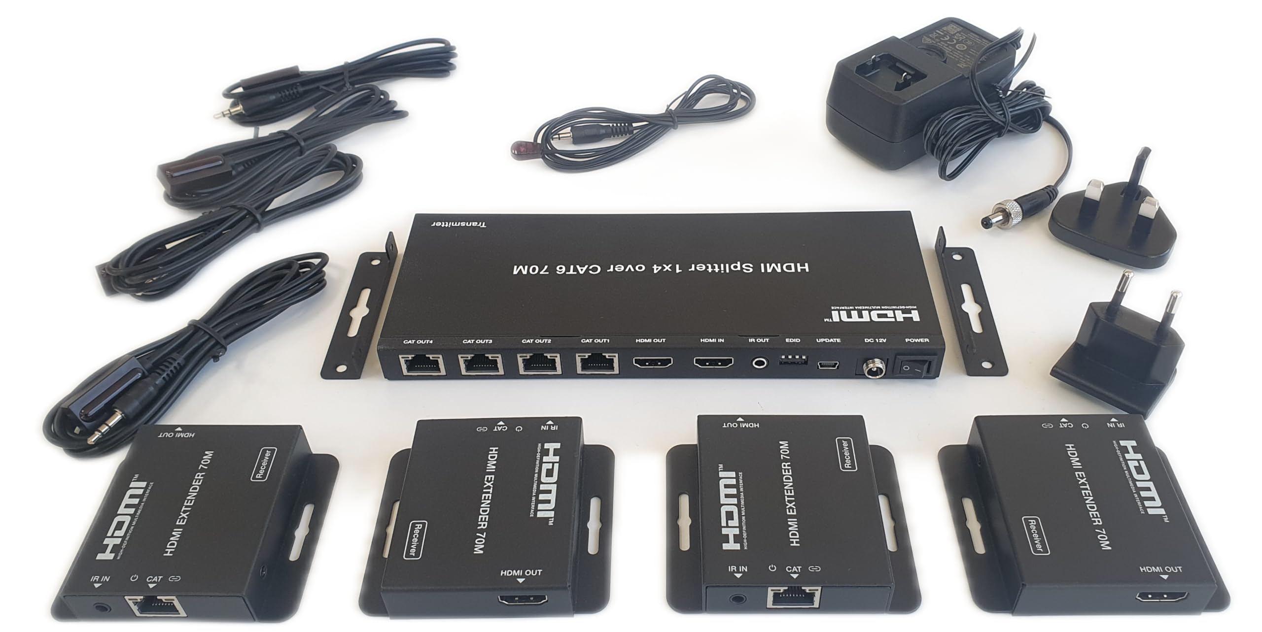 FOURKAY 1x4 1080p 70m HDMI Splitter over Cat5e/6/7 Extender with 4 PoC Receivers, HDMI Loop Out and Infra Red control of TV source from each remote display