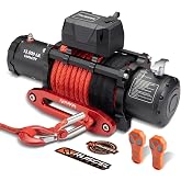 RUGCEL WINCH 13500lb Waterproof Electric Truck Winch 12V Synthetic Rope Winch with Hawse Fairlead,Wired Handle and 2 Wireless Remote,for Trailer and Wrangler in Car Lift