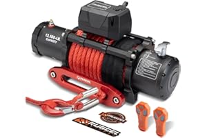 RUGCEL WINCH 13500lb Waterproof Electric Truck Winch 12V Synthetic Rope Jeep Winch with Hawse Fairlead,Wired Handle and 2 Wir