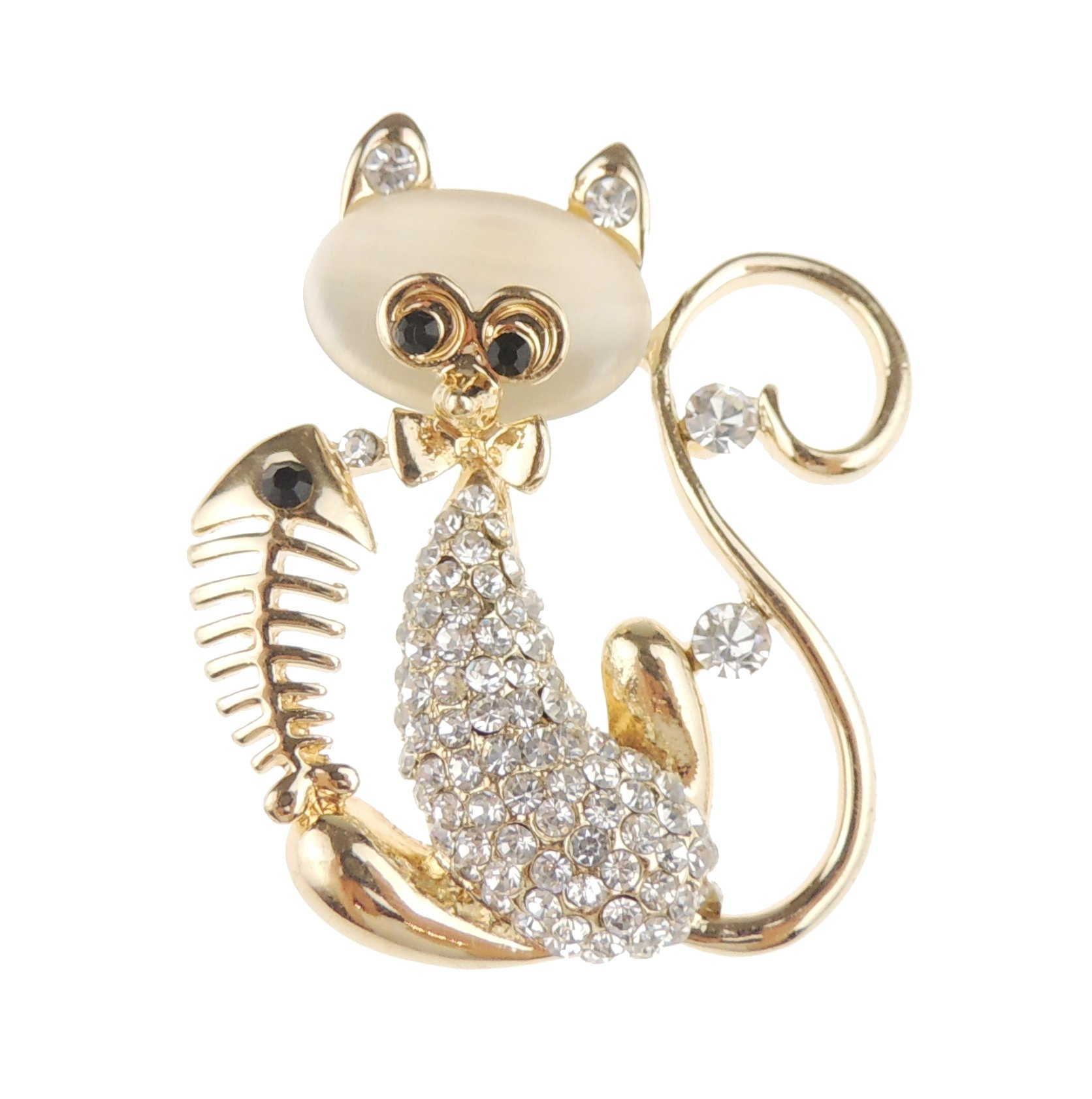 Cute Womens Wedding Christmas Birthday Gift Coat Scarf Coat Jacket Shawl Mother Groom Bride Diamante Crystal Brooch Badge Breastpin Corsage Pin Cat Kitten Kitty Fish Bones Gold Tone