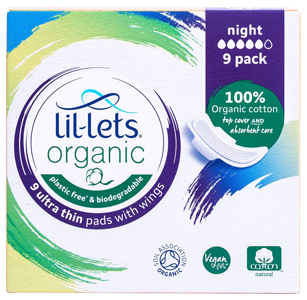 Lil-Lets Organic Cotton Night Pads, 9 Count, Ultra Thin, with Wings, for Medium to Heavy Flow, GOTS Certified, Plastic Free, Biodegradable, 100% Organic Cotton Top Cover and Absorbent Core