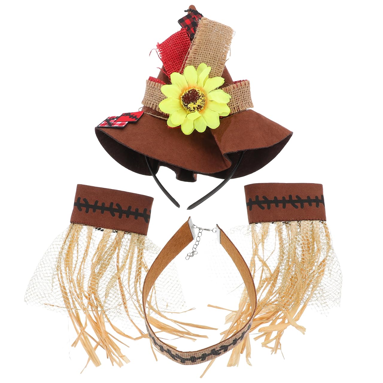 Photo 1 of 4Pcs Halloween Straw Hat Costumes Straw Sunflower Wizard Hat with Necklace Wristband Decoration for Harvest Carnival Cosplay Adornment