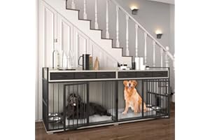 PAPIHO Double Dog Crate Furniture for 2 Dogs,86.6 inch Extra Large Metal Heavy Duty Dog Crate Kennel Furniture with 6 Drawers,Removable Divider and Adjustable Bowls,Chew-Resistant Dog Crate Indoor