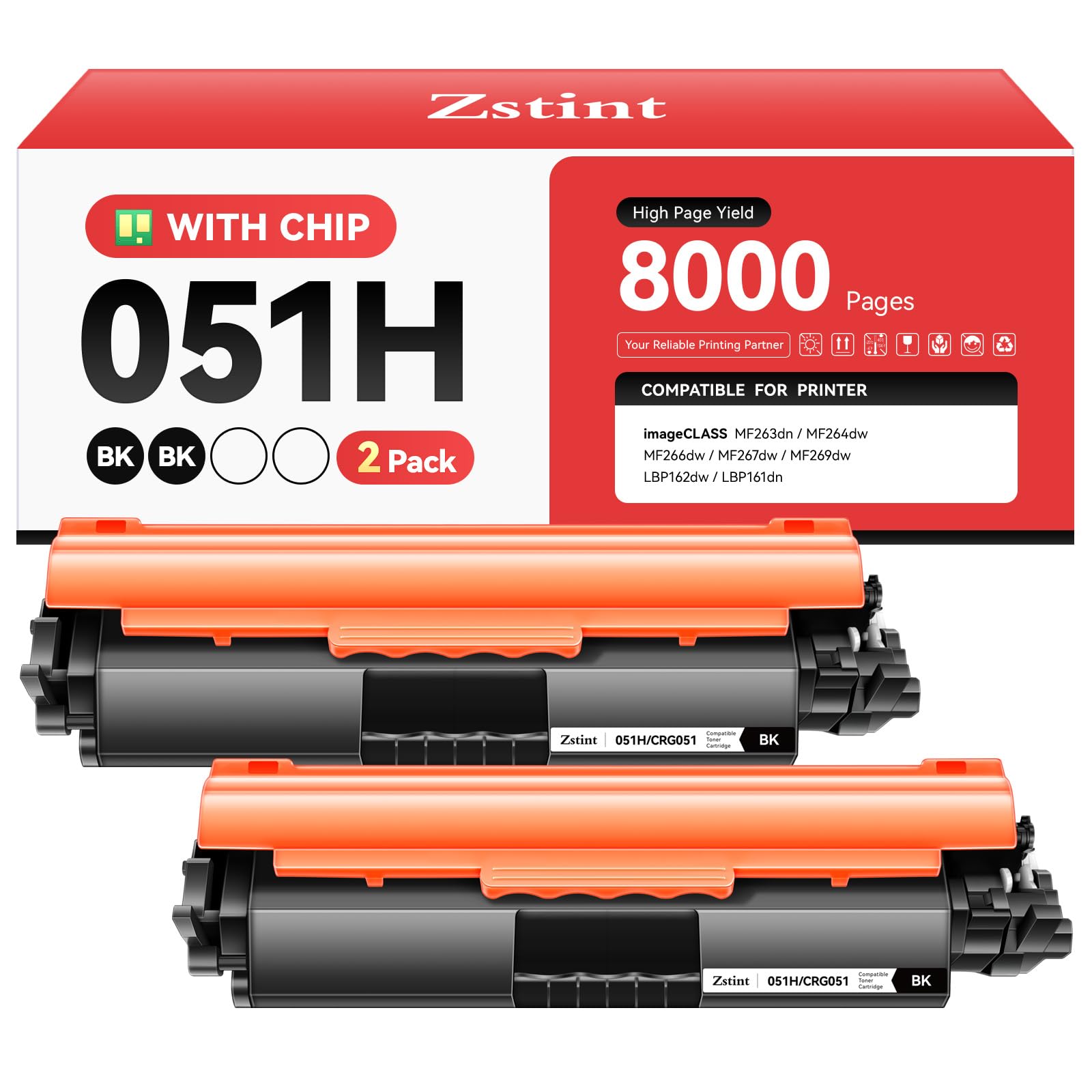 Photo 1 of 051H Toner Cartridge 2-Pack High Yield with Chip Replacement for Canon 051H 051 CRG-051H Toner Compatible with Canon imageCLASS MF263dn MF264dw MF266dw MF267dw MF269dw LBP162dw LBP161dn Printer Black