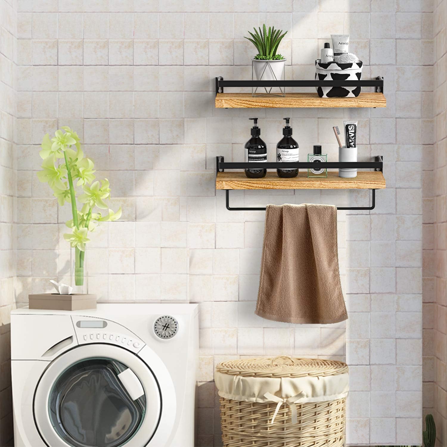 Amada Rustic Floating Shelves Wall Mounted, Solid Paulownia Wood Set of 2 for Kitchen, Bathroom, and Bedroom, Decorative Storage Shelf with Removable Towel Holder, Strong Black Metal Frame: Furniture & Decor