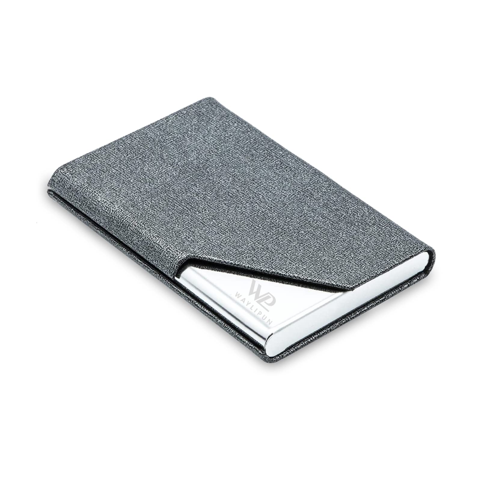 Waylipun Business Card Holder, Professional PU Leather & Stainless Steel Business Name Card Case, Keep Business Cards in Immaculate Condition, Slim Metal Pocket Card Holder with Magnetic Shut(Grey)