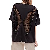 NUFIWI Women Y2K Short Sleeve Butterfly Tops Overzied Patchwork Cutout Back Tshirts Preppy Backless See Through Kawaii Shirts
